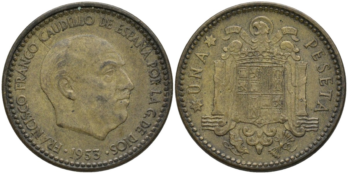 Испания 1 песета 1953 (56) Франсиско Франко (1939-1975) KM 775 алюминиевая бронза 4171-437
