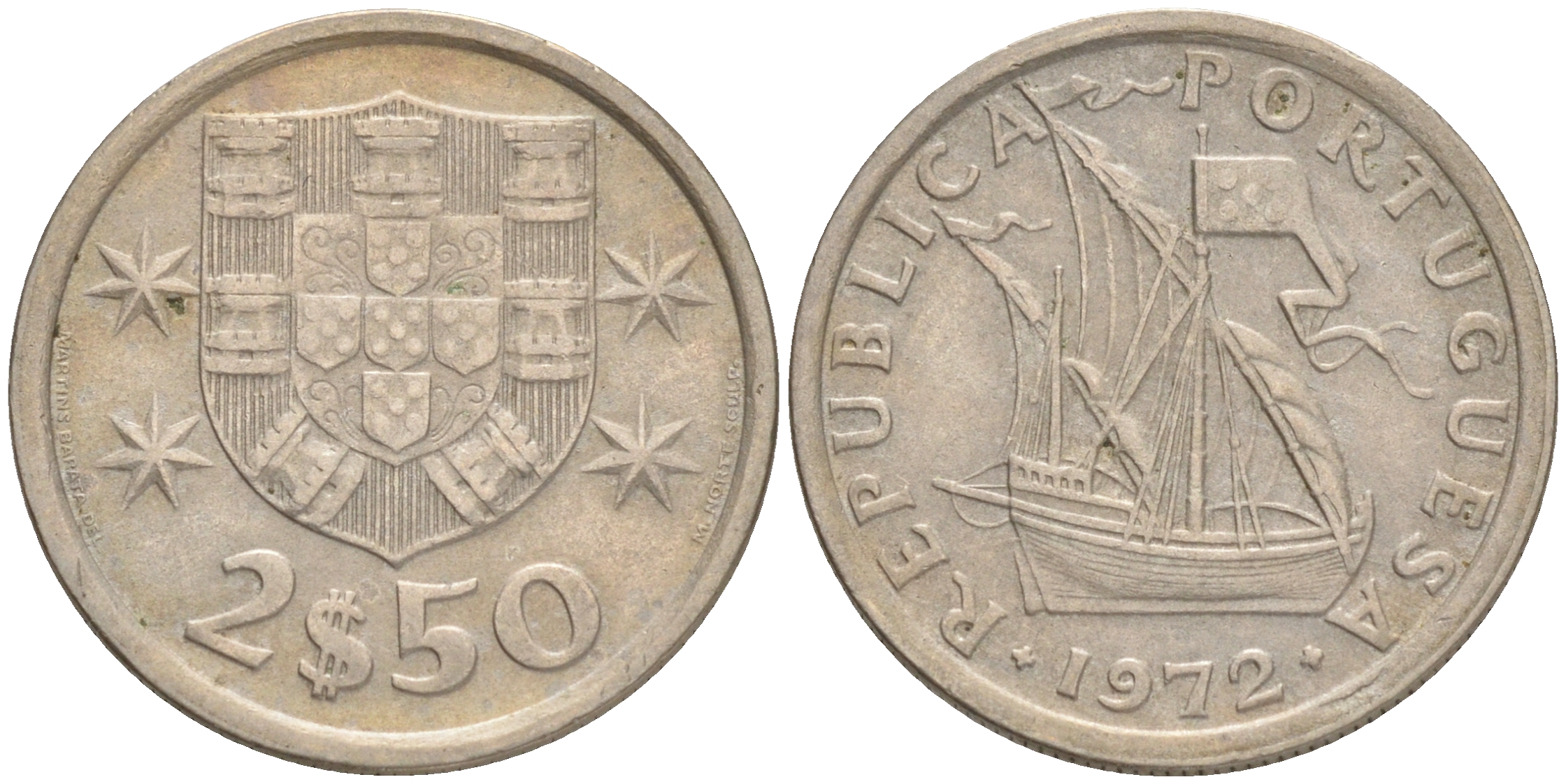 ПОРТУГАЛИЯ 2,5 ЭСКУДО 1972 ПАРУСНИК KM 590 медно-никель 75-1557