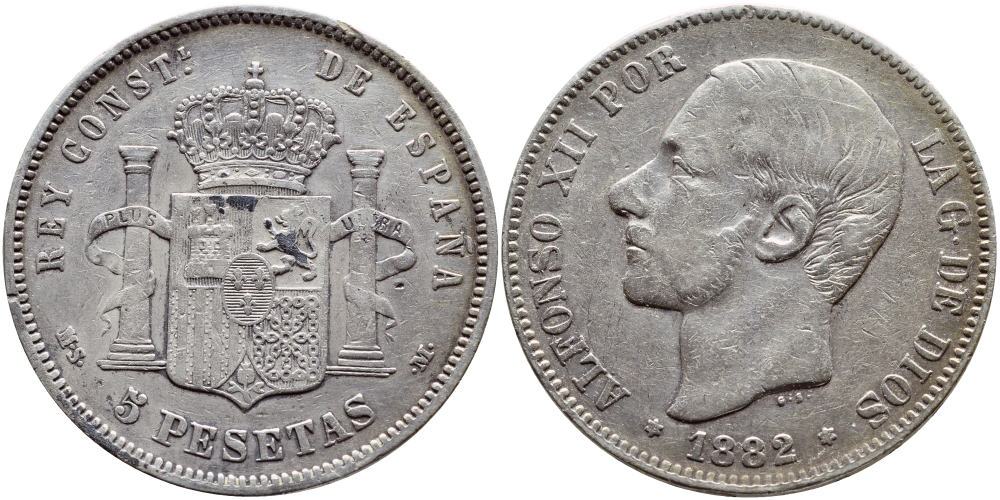 Испания 5 песет 1882 (82) MS-M, Альфонсо XII (1874-1885) KM 688 серебро 02-224-22