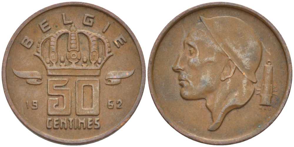 БЕЛЬГИЯ 50 САНТИМОВ 1962 BELGIE KM 149.1 бронза 4396-249