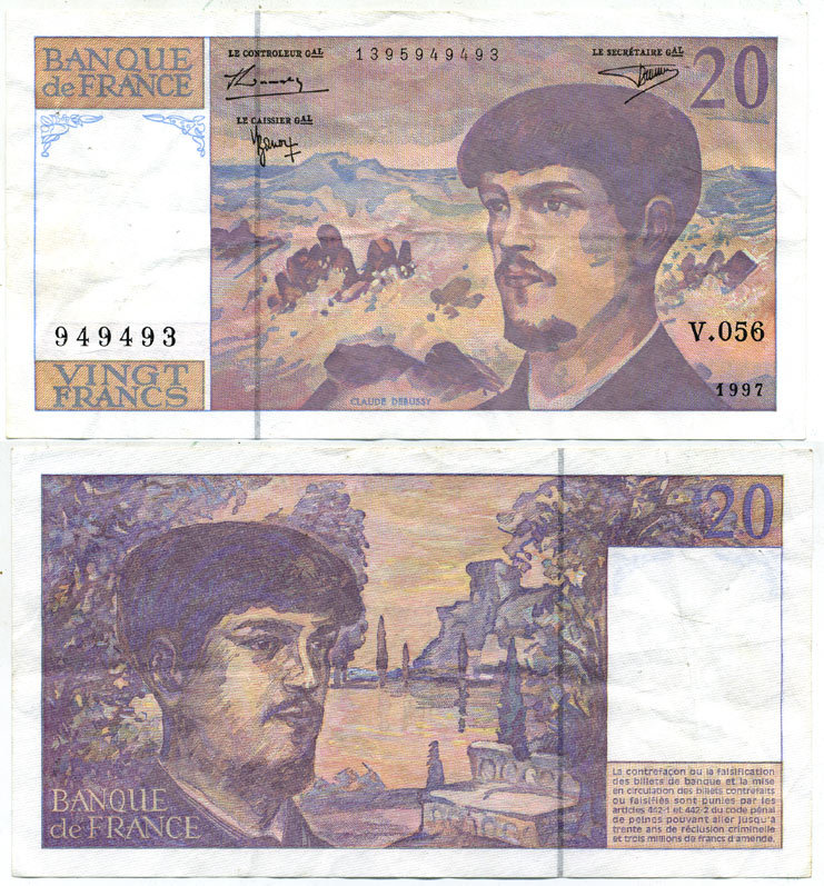 ФРАНЦИЯ 20 ФРАНКОВ 1997 Pick 151i бумага 7207-25-2