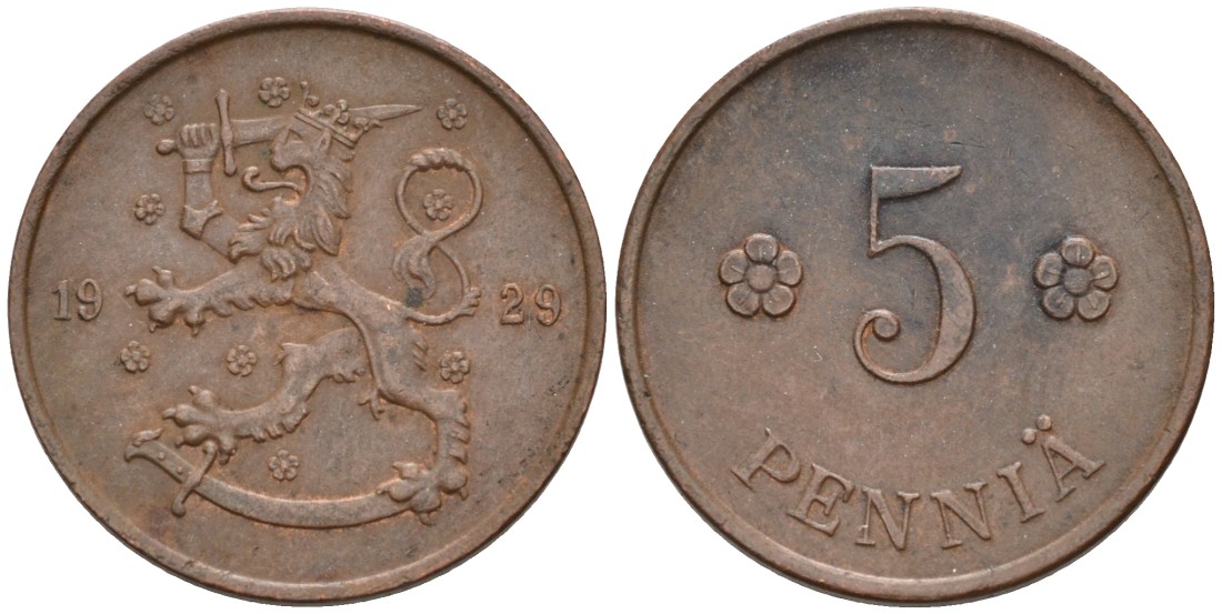 ФИНЛЯНДИЯ 5 ПЕННИ 1929 KM 22 медь 192-1247