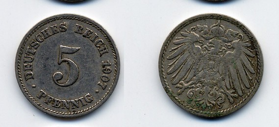 ГЕРМАНИЯ 5 ПФЕННИГОВ 1907 J, KM 11, J. 12 медно-никель 84-1656