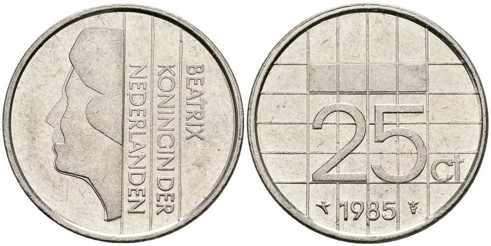 НИДЕРЛАНДЫ 25 ЦЕНТОВ 1985 БЕАТРИКС KM 204 никель 96-312