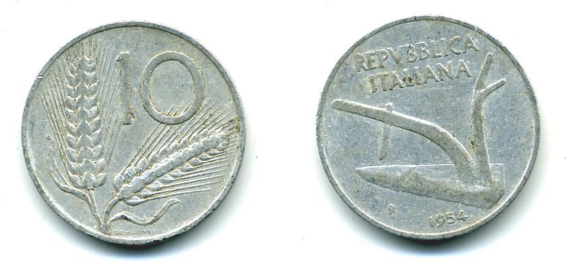 ИТАЛИЯ 10 ЛИР 1954 R, ПЛУГ KM 93 алюминий 23-1311