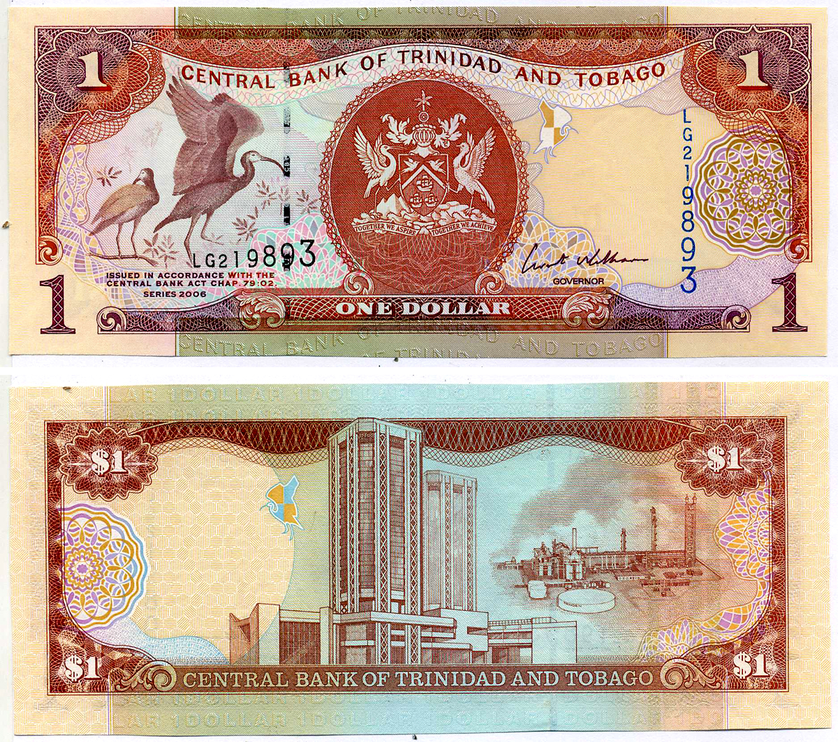 Тринидад и Тобаго 1 доллар 2006 подпись 8, номер синий, TDLR Pick 46 бумага UNC (пресс) 2197-15-1-2