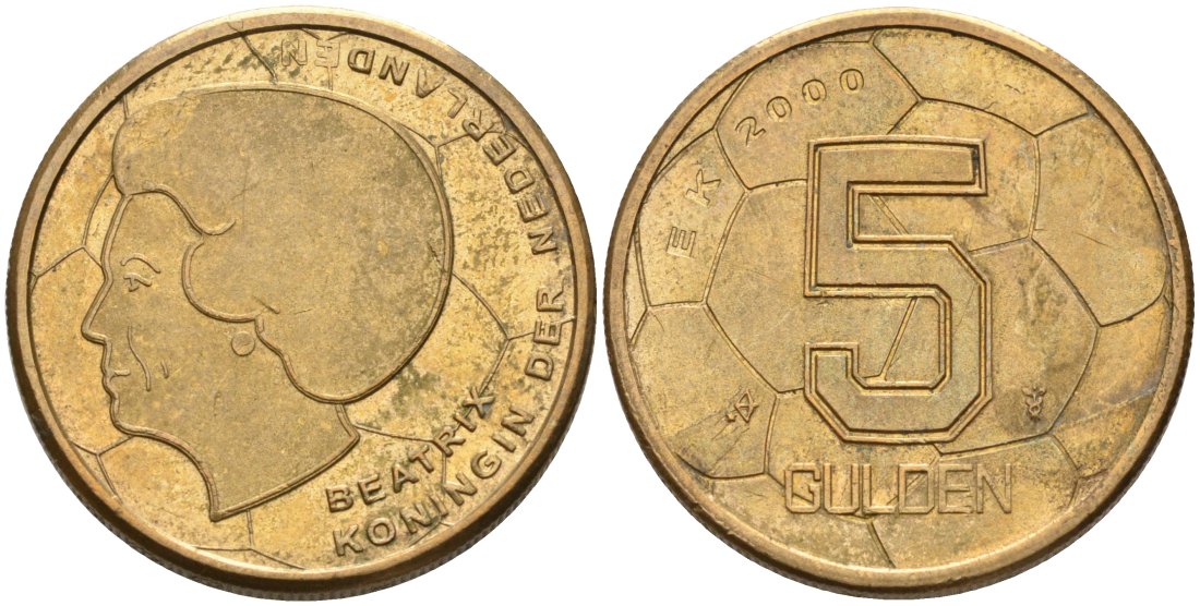 Нидерланды 5 гульденов 2000 Беатрикс (1980-2013), чемпионат мира по футболу 2000 года в Нидерландах KM 231 никель плакированный латунью 4572-846