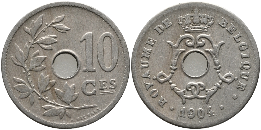 БЕЛЬГИЯ 10 САНТИМОВ 1904 BELGIQUE KM 52 медно-никель 4379-1424