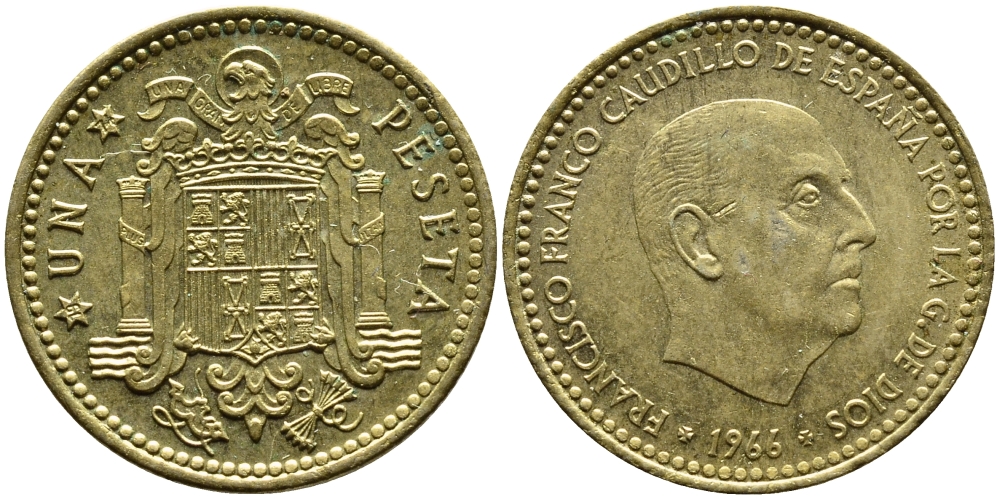 Испания 1 песета 1966 (74) Франсиско Франко (1939-1975) KM 796 алюминиевая бронза 4393-225
