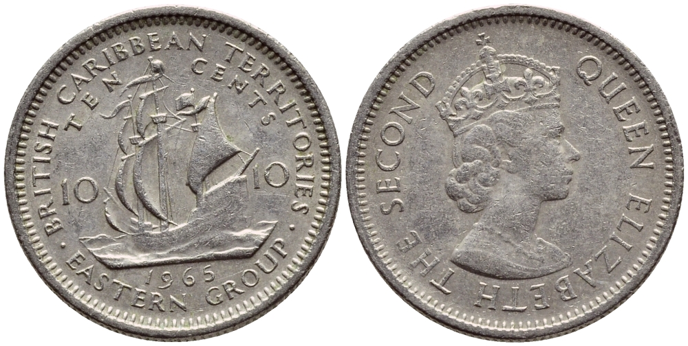 Британские Восточно-Карибские территории 10 центов 1965 Елизавета II (1952-2022), парусник KM 5 медно-никель 4392-513