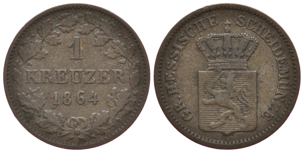 Гессен-Дармштадт 1 крейцер 1864 Людвиг III (1848-1877) KM 339 серебро 1522-1122