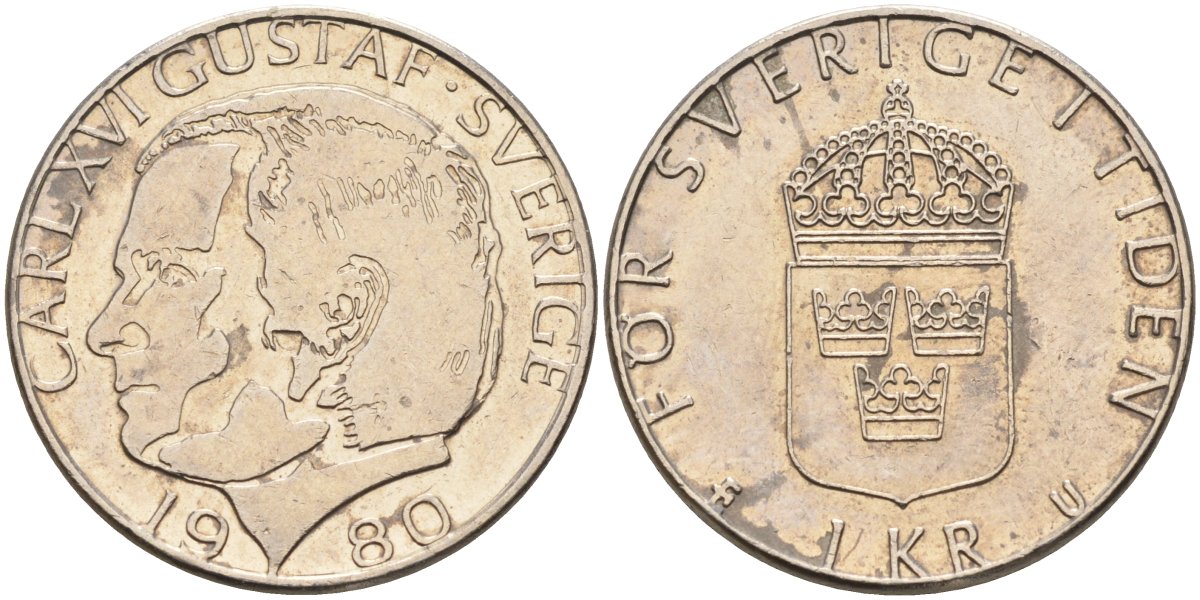 Швеция 1 крона 1980 Карл XVI Густав (1973- ) KM 852 медь плакированная медно-никелем 4582-452