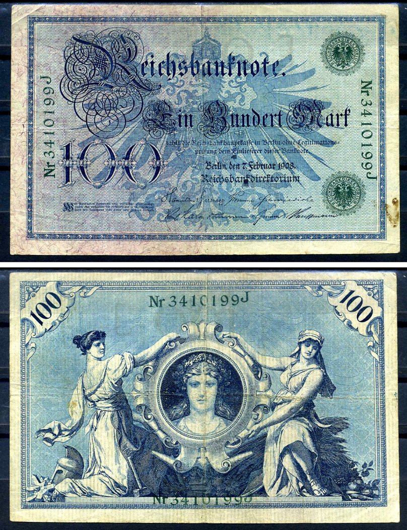 Германия 100 марок 1908 7 февраля 1908, выпуск конец 1916 - ноябрь 1918, зеленая печать Pick 34 бумага 8619-29-2-1