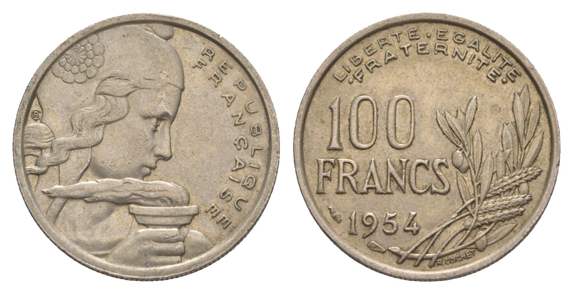 Франция 100 франков 1954 KM 919 медно-никель 4629-1022