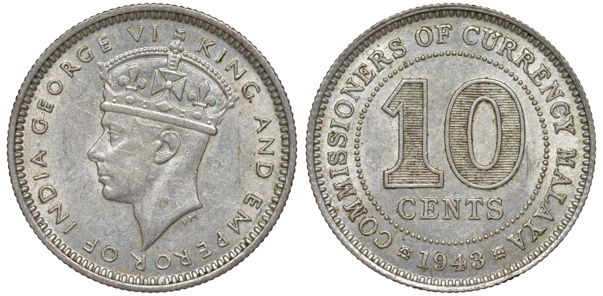Британская Малайя 10 центов 1943 Георг VI (1937-1952) KM 4a серебро 53-247
