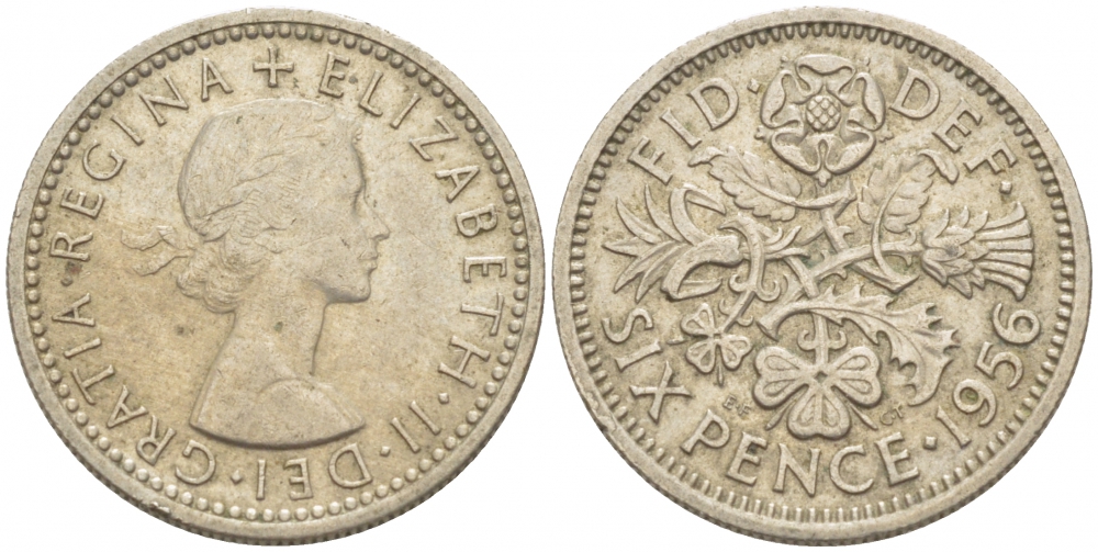 Великобритания 6 пенсов 1956 Елизавета II (1952-2022) KM 903, Spink 4149 медно-никель 214-1062