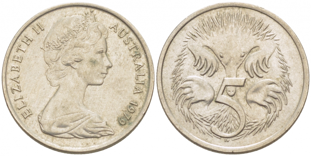 АВСТРАЛИЯ 5 ЦЕНТОВ 1979 ЕЛИЗАВЕТА II, МОЛОДОЙ ПОРТРЕТ, ЕХИДНА KM 64 медно-никель UNC 3851-1131