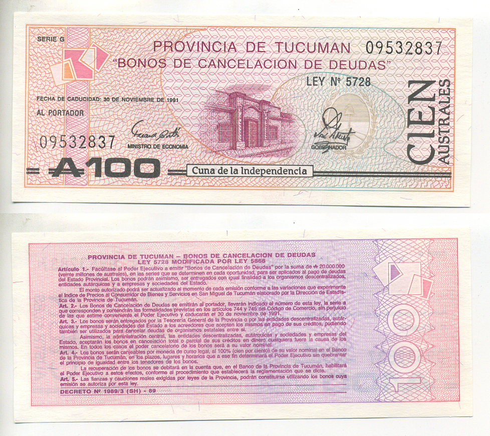 АРГЕНТИНА 100 АУСТРАЛЕЙ 1991 ПРОВИНЦИЯ TUCUMAN Pick S2715 бумага UNC (ПРЕСС) 6299-33-3