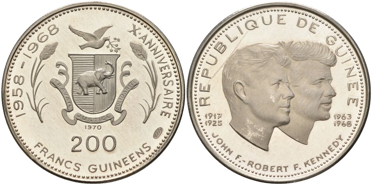 Гвинея 200 франков 1970 10 лет независимости (1958-1968), Джон и Роберт Кеннеди KM 10 серебро PROOF 1531-721