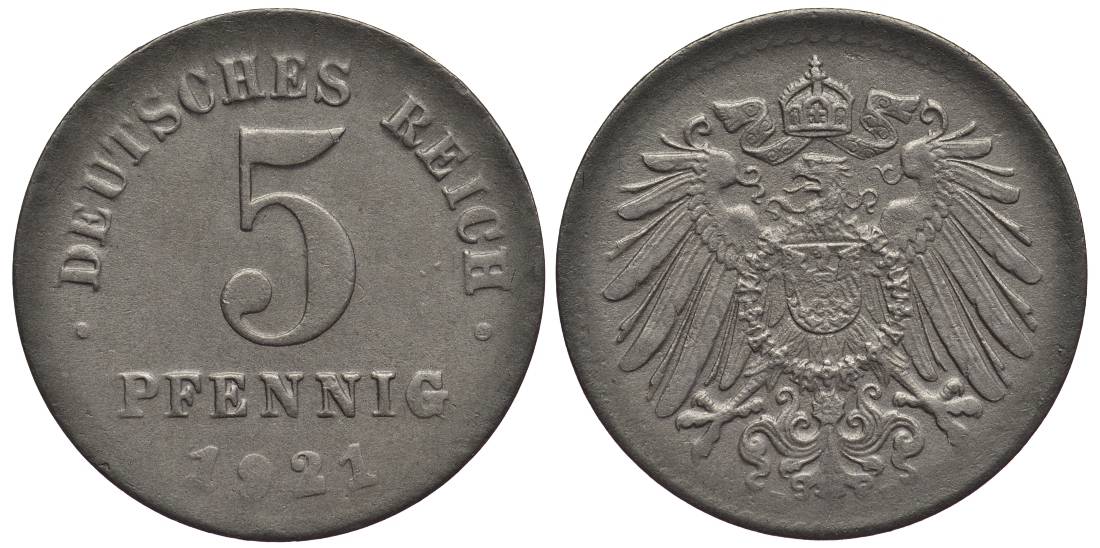 ГЕРМАНИЯ 5 ПФЕННИГОВ 1921 E KM 19, Jager 297, Weege 5 железо 4547-631