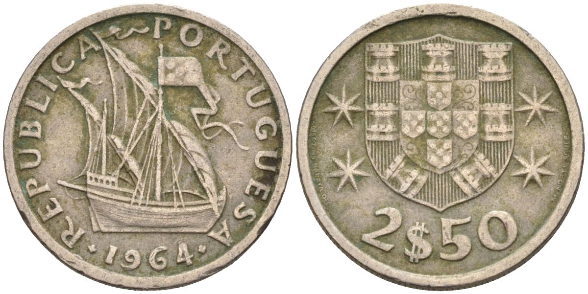 Португалия 2,5 эскудо 1964 парусник KM 590 медно-никель 4115-461