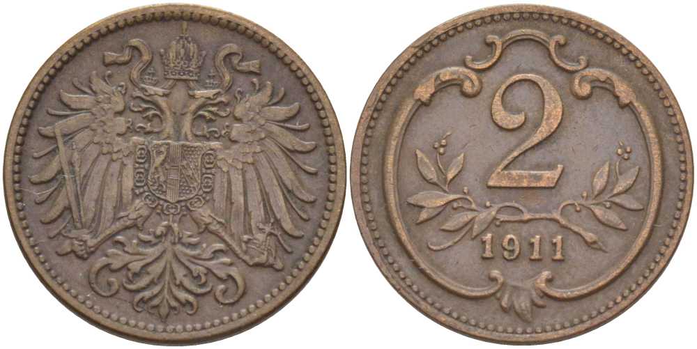 АВСТРИЯ 2 ГЕЛЛЕРА 1911 ФРАНЦ ИОСИФ (1846-1918) KM 2801 бронза 201-915
