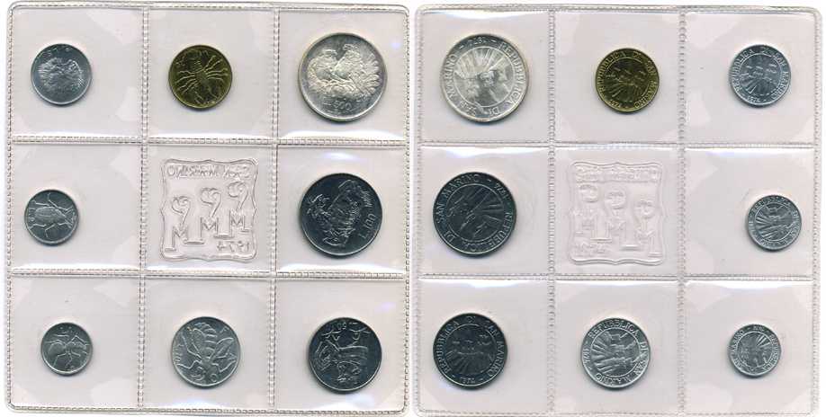 Сан-Марино годовой набор из 8 монет 1974 1, 2, 5, 10, 20, 50, 100 и 500 лир два стилизованных голубя KM 30-37, в оригинальной пластиковой запайке серебро KM MS3 серебро UNC 2-5-1-20