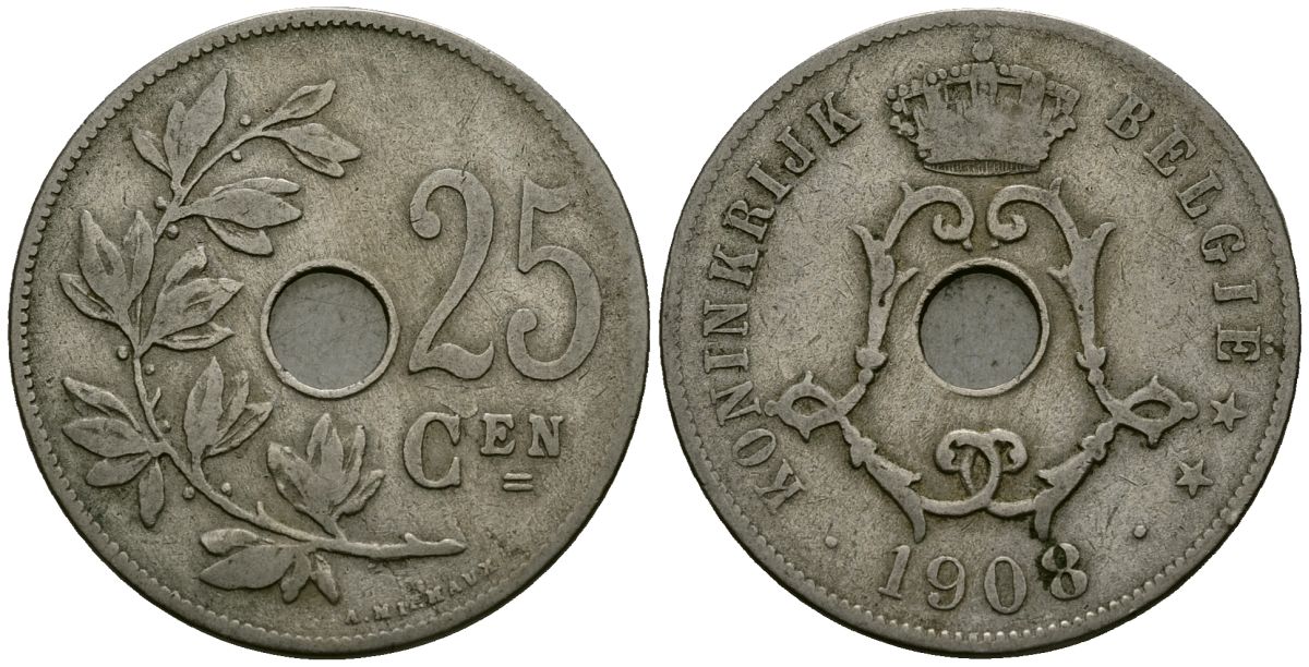 Бельгия 25 сантимов 1908 Belgie KM 63 медно-никель 4165-632