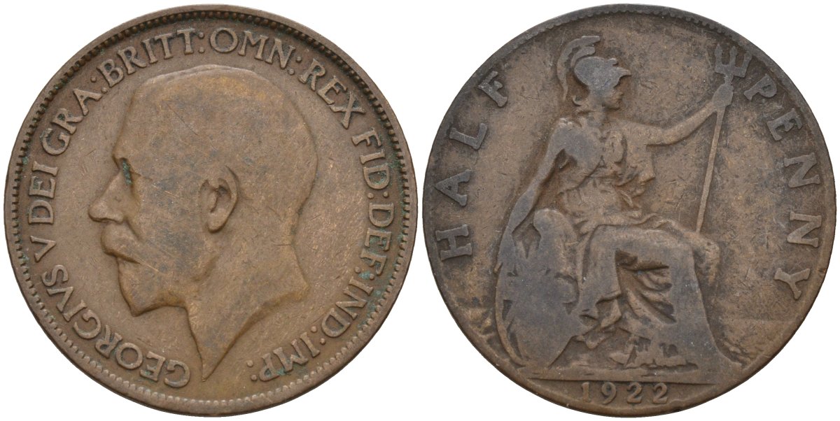Великобритания 1/2 пенни 1922 Георг V (1910-1936) KM 809, Spink 4056 бронза 4143-712