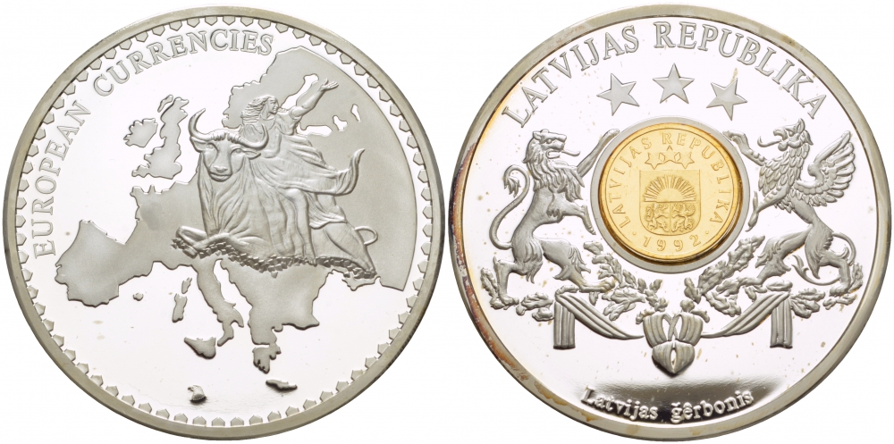 НИДЕРЛАНДЫ МЕДАЛЬ ND МОНЕТА НА МЕДАЛИ, СЕРИЯ ДОЕВРОВЫЕ ЕВРОПЕЙСКИЕ МОНЕТЫ, ЛАТВИЯ, 1 САНТИМ серебрение PROOF 1090-1-43