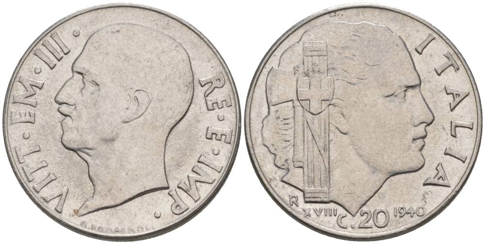 ИТАЛИЯ 20 ЧЕНТЕЗИМО 1940 R, ГОД XVIII, ВИКТОР ЭММАНУИЛ III (1900-1946), МАГНИТНАЯ, ГУРТ РИФЛЁНЫЙ KM 75b, VEM3. 1025 нержавеющая сталь 3853-525