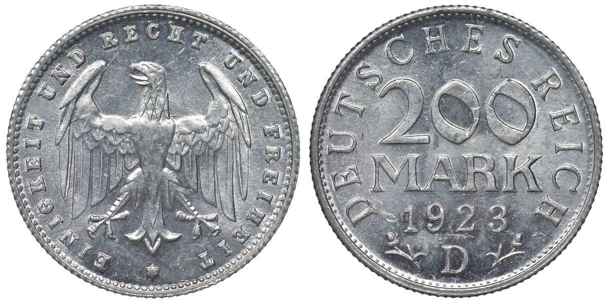Германия 200 марок 1923 D KM 35, J. 304, Weege 22 алюминий 4121-1231