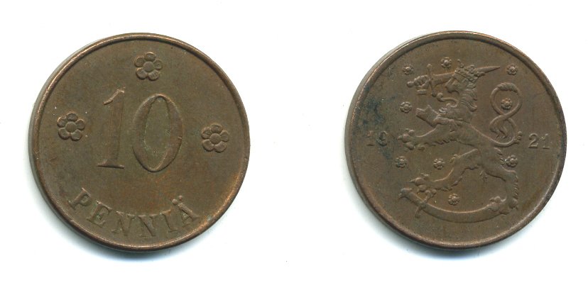 Финляндия 10 пенни 1921 республика (1918-1962) KM 24 медь 29-1123