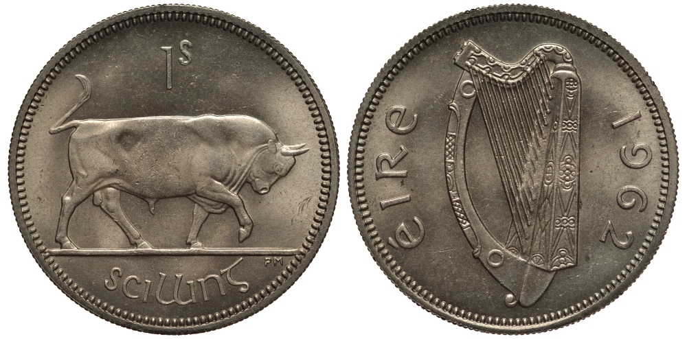 ИРЛАНДИЯ 1 ШИЛЛИНГ 1962 БЫК KM 14a медно-никель aUNC 272-321