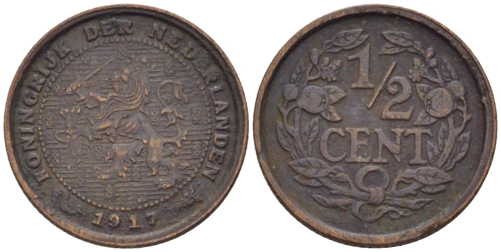 НИДЕРЛАНДЫ 1/2 ЦЕНТА 1917 ВИЛЬГЕЛЬМИНА (1890-1948) KM 138 бронза 39-217