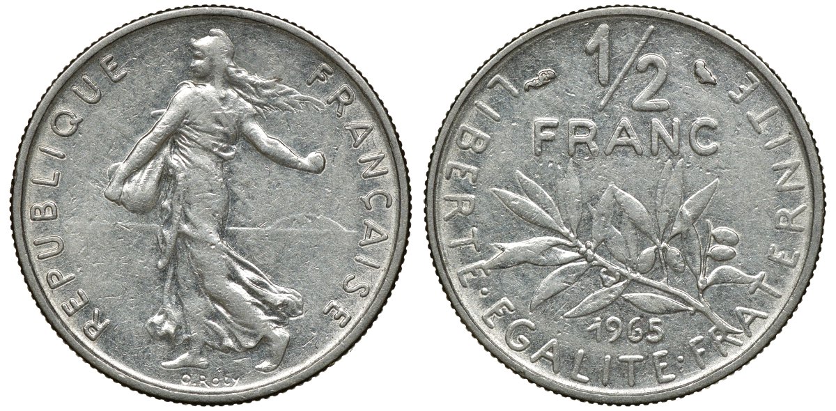 Франция 1/2 франка 1965 сеятель KM 931, Le Franc 198.3 никель 72-636
