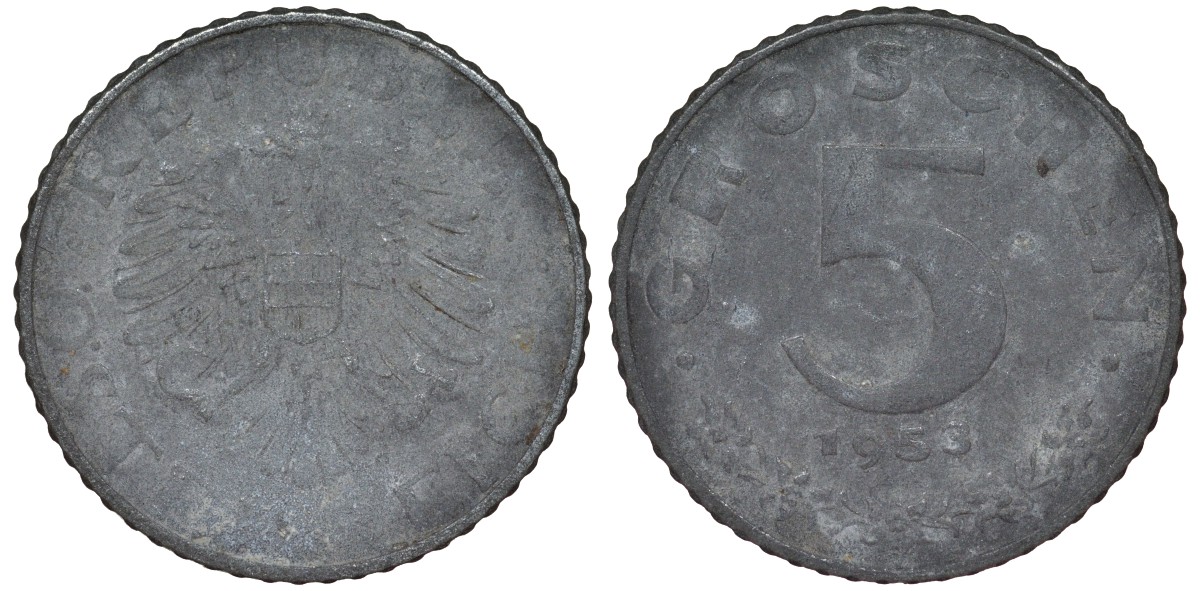 Австрия 5 грошей 1953 KM цинк 4164-326