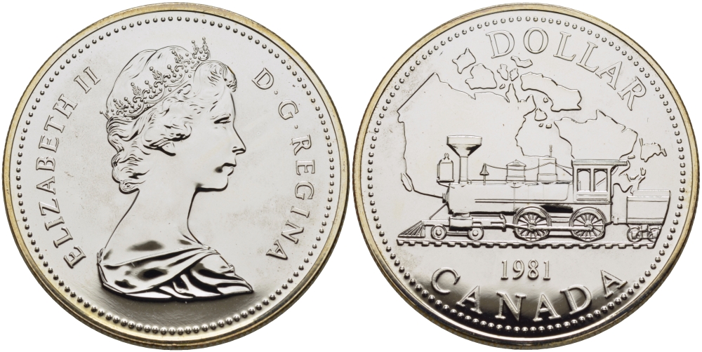 Канада 1 доллар 1981 Трансконтинентальная железная дорога, паровоз, в оригинальной коробке KM 130 серебро UNC 2-5-2-26