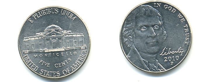 США 5 ЦЕНТОВ 2010 P ДЖЕФФЕРСОН KM 381 медно-никель 86-657