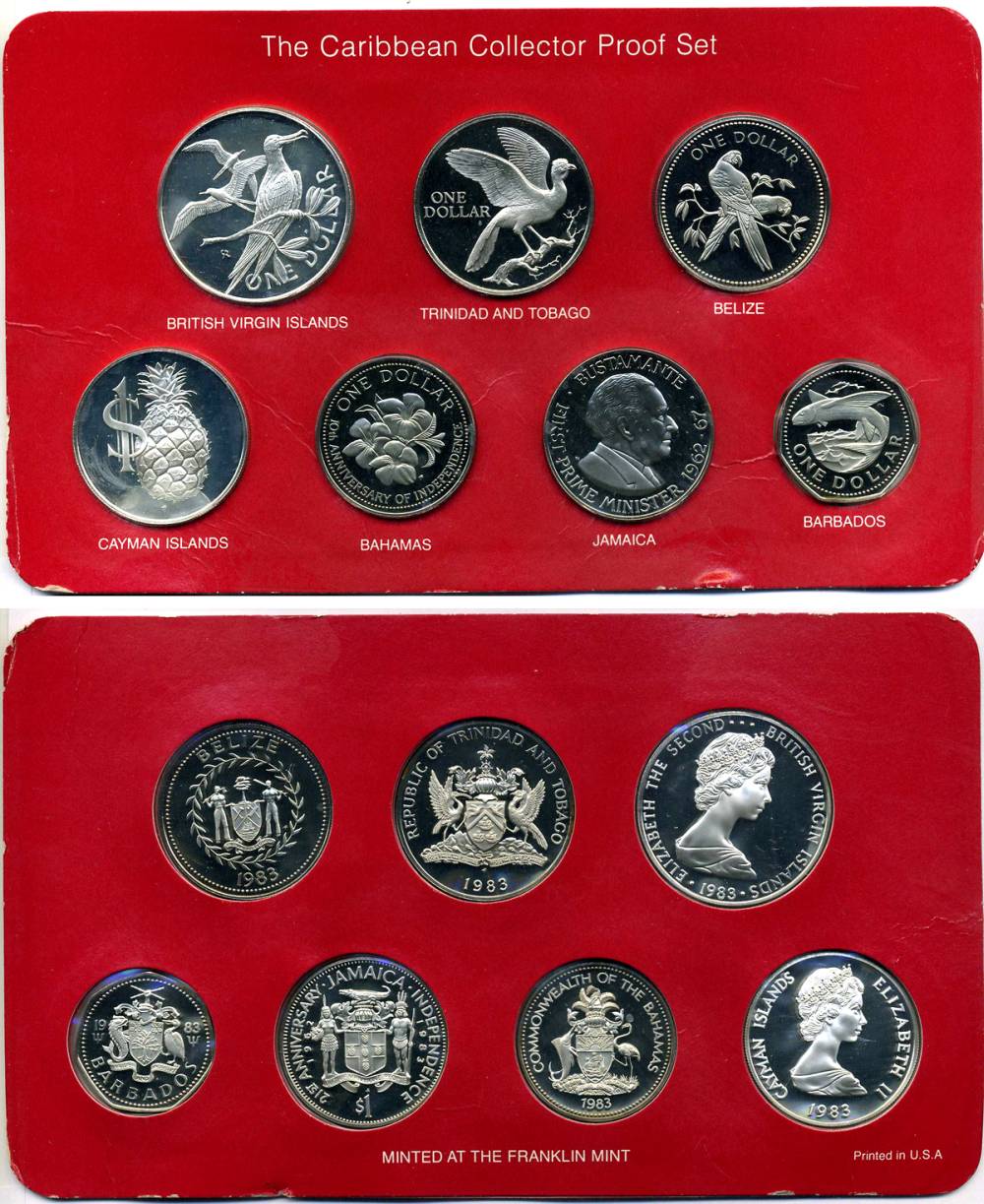 Карибские страны набор из 7 монет 1983 Британские Виргинские острова и др., в запайке в оригинальной коробке с сертификатом есть серебро PROOF 4-5-1-26