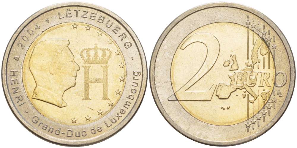 Люксембург 2 евро 2004 Портрет и монограмма герцога Люксембурга Анри Нассау KM 85 биметалл UNC 4517-646