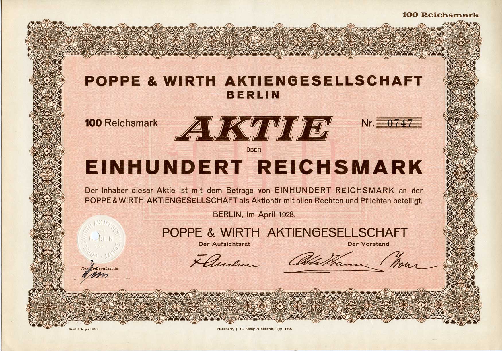 Германия 100 рейхсмарок 1928 Акционерное общество "Поппе и Вирт", Берлин, акция   бумага   8803-67-1