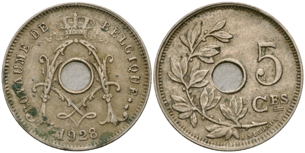 Бельгия 5 сантимов 1928 Belgique KM 66 медно-никель 4136-512