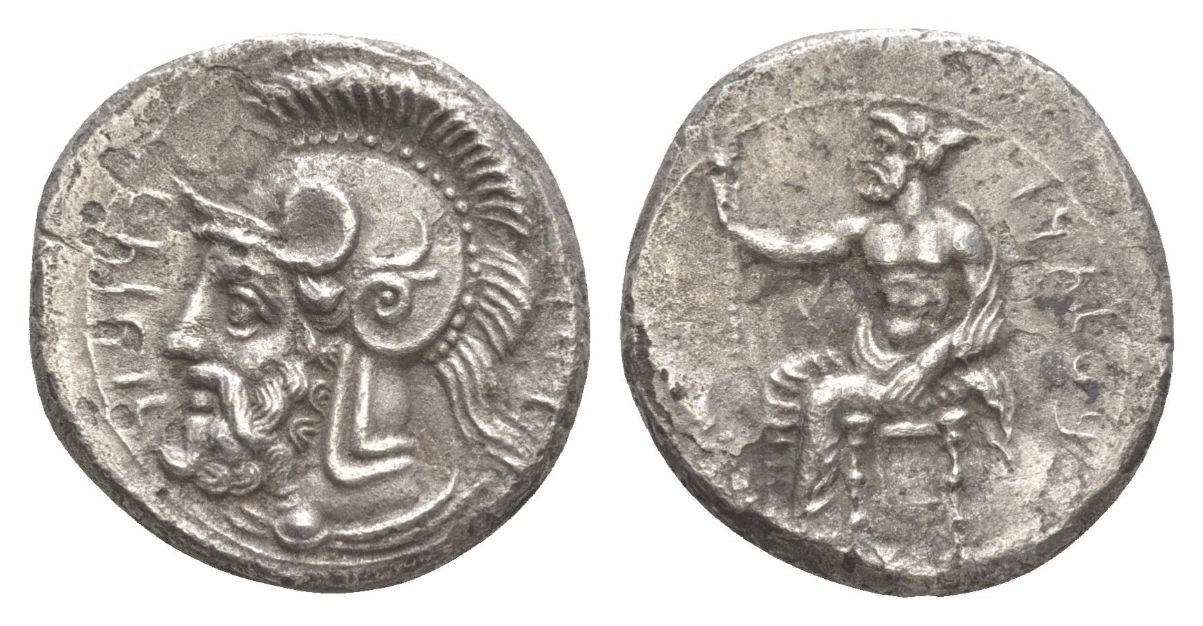 Киликия, Тарс статер 379-374 гг. до н.э. сатрап Фарнабаз, Баалтарс на троне, держащий лотос/голова Ареса в аттическом шлеме, 10,08 гр SNG Paris 256 серебро 00-812-09