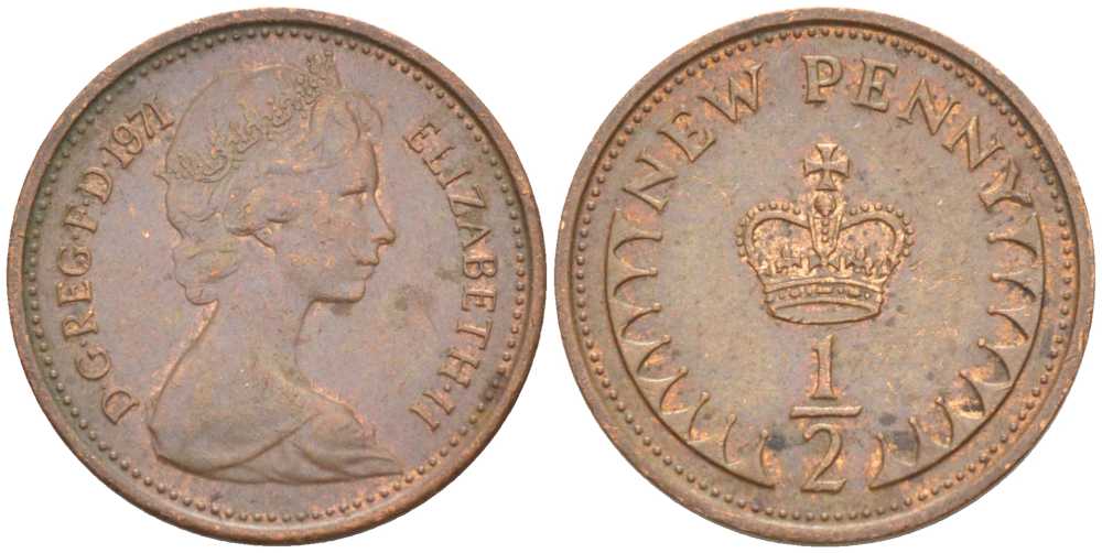 Великобритания 1/2 пенни 1971 Елизавета II (1952-2022) KM 914, Spink 4239 бронза 4387-913