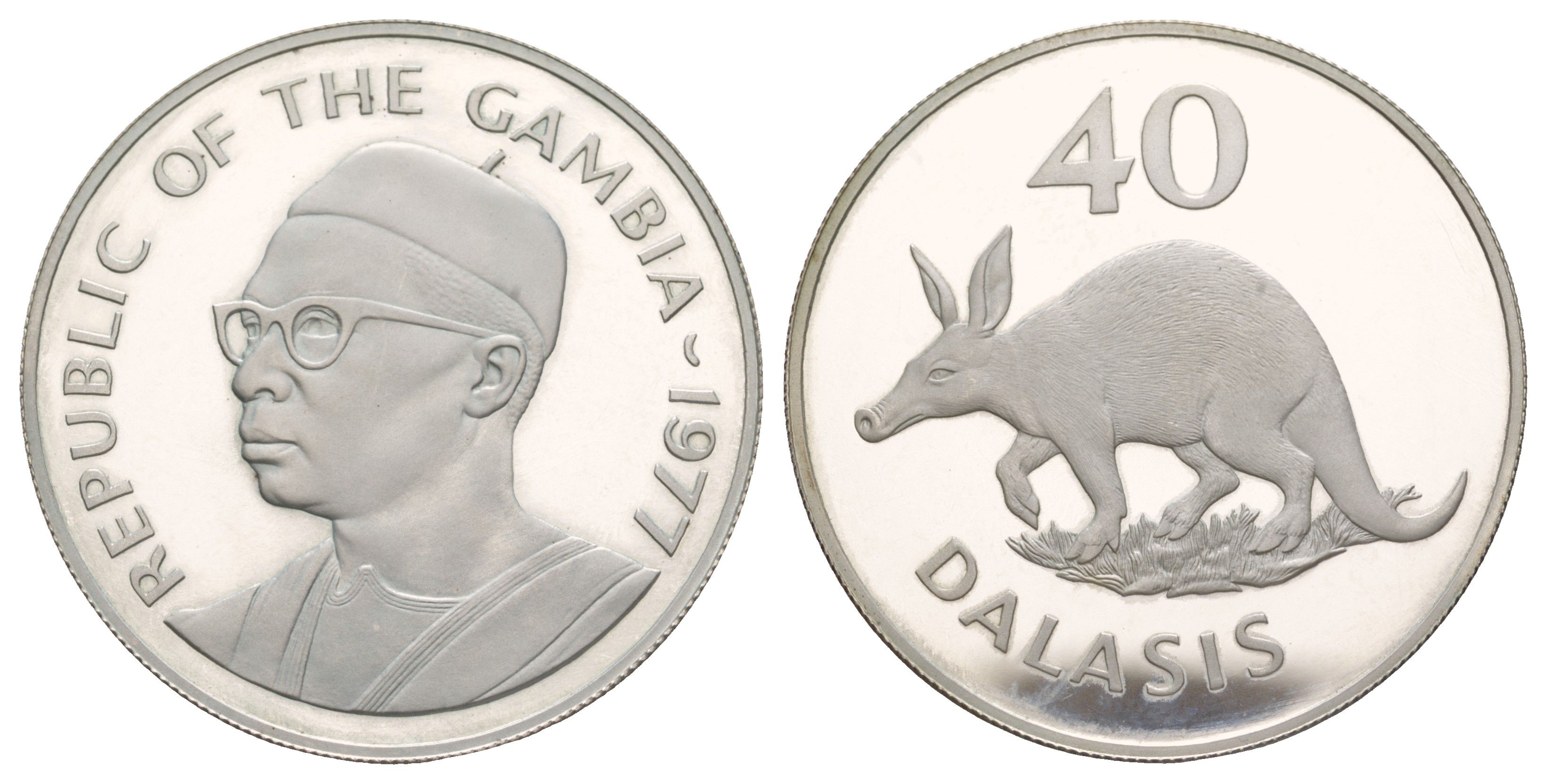 Гамбия 40 даласи 1977 Защита дикой природы - Трубкозуб KM 18 серебро PROOF 11-268-13