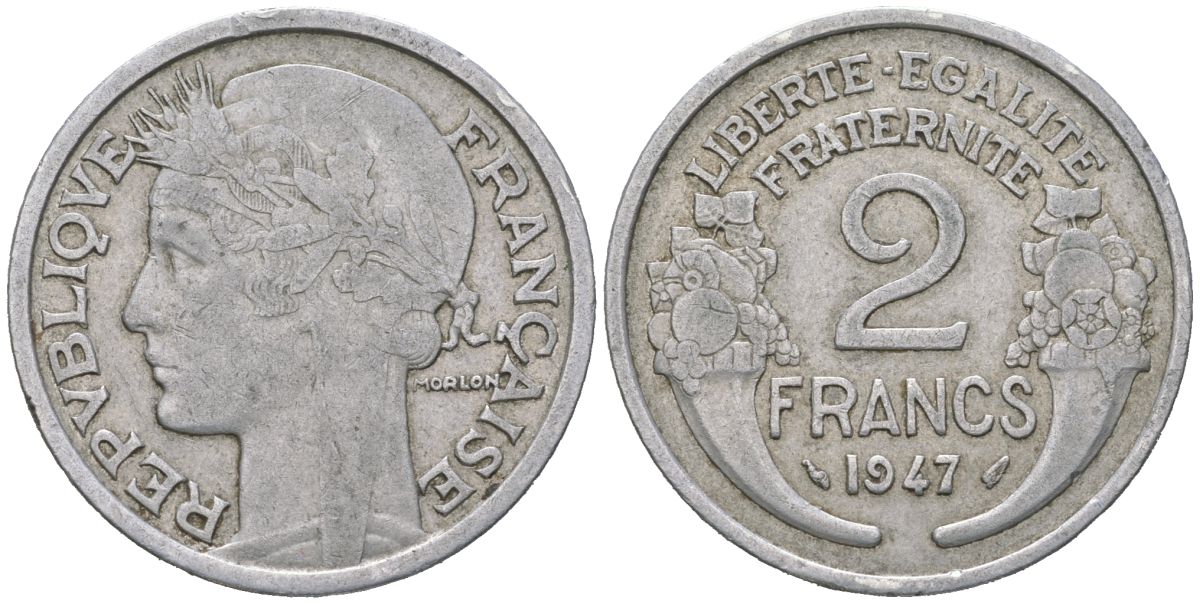 Франция 2 франка 1947 KM 886a.1, Le Franc 269 алюминий 4582-231