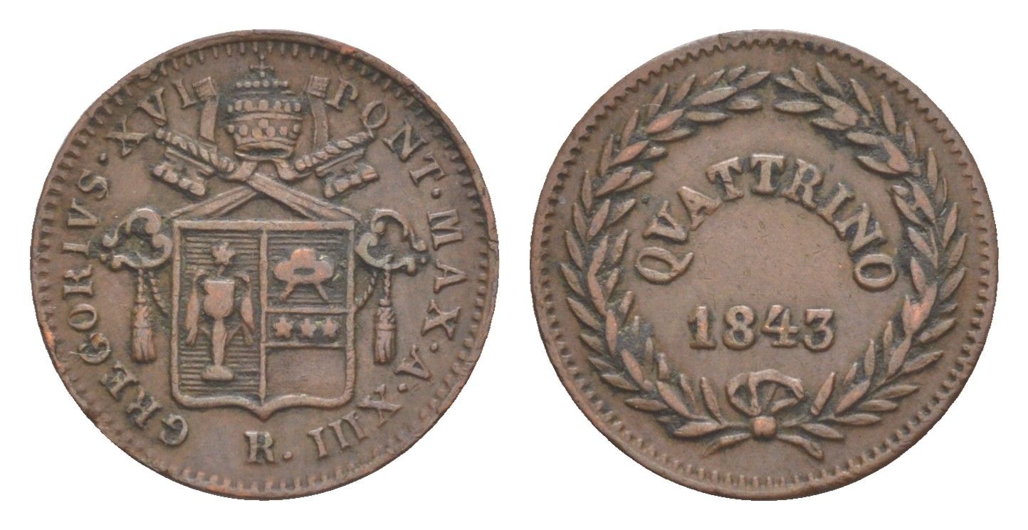 Папская область 1 кваттрино 1843 R, Григорий XVI (1831-1846) KM 1318 медь 633-221