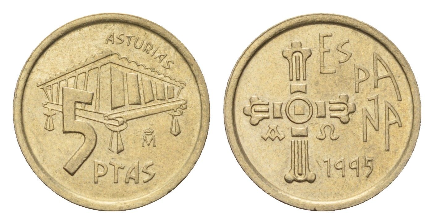 Испания 5 песет 1995 Хуан Карлос I (1975-2014), Астурия (ASTURIAS), крест KM 946 алюминиевая бронза 116-123