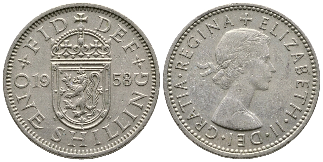 Великобритания 1 шиллинг 1958 Елизавета II (1952-2022), Шотландский герб KM 905, Spink 4148 медно-никель 3999-1026
